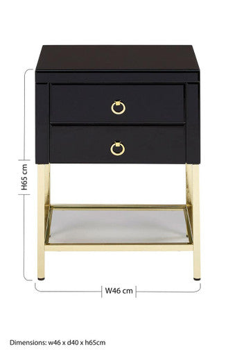Gloss Black Wooden Cabinet Side Table With 2 Drawers & Gold Metal Frame, Kensington Townhouse