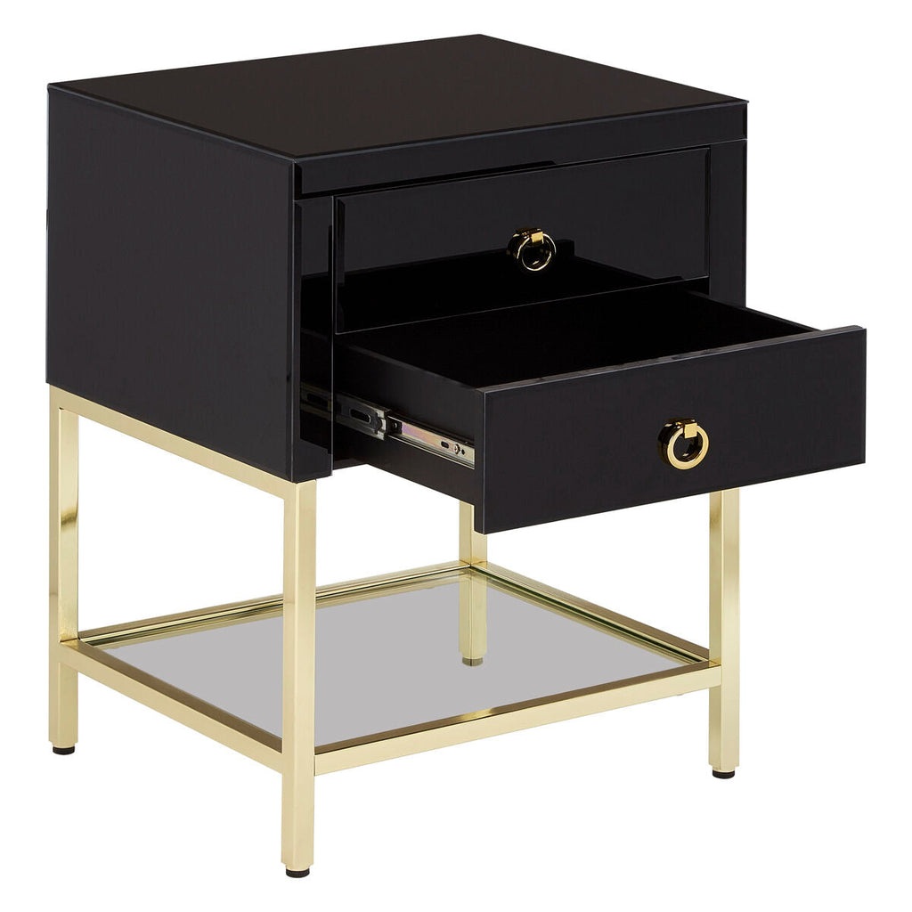 Gloss Black Wooden Cabinet Side Table With 2 Drawers & Gold Metal Frame, Kensington Townhouse