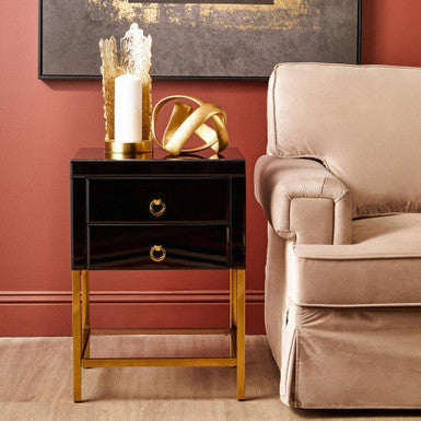 Gloss Black Wooden Cabinet Side Table With 2 Drawers & Gold Metal Frame, Kensington Townhouse
