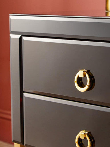 Gloss Black Wooden Cabinet Side Table With 2 Drawers & Gold Metal Frame, Kensington Townhouse