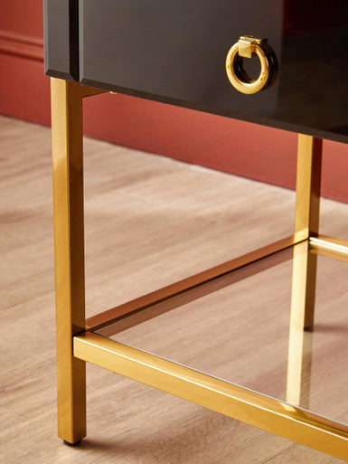 Gloss Black Wooden Cabinet Side Table With 2 Drawers & Gold Metal Frame, Kensington Townhouse