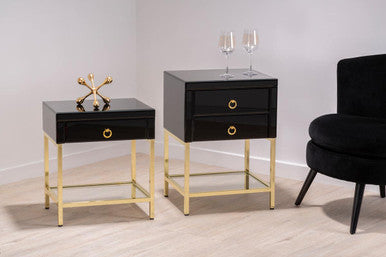 Gloss Black Wooden Cabinet Side Table With 2 Drawers & Gold Metal Frame, Kensington Townhouse