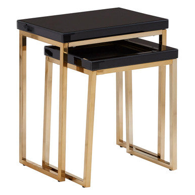 Set Of 2 Glossy Black Tops Wooden Nesting Tables With Gold Iron Base, Kensington Townhouse