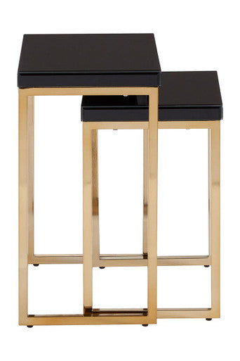Set Of 2 Glossy Black Tops Wooden Nesting Tables With Gold Iron Base, Kensington Townhouse