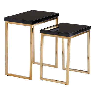 Set Of 2 Glossy Black Tops Wooden Nesting Tables With Gold Iron Base, Kensington Townhouse