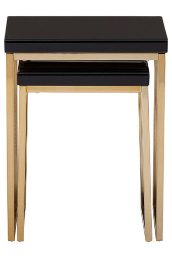 Set Of 2 Glossy Black Tops Wooden Nesting Tables With Gold Iron Base, Kensington Townhouse