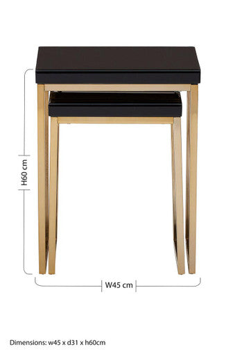 Set Of 2 Glossy Black Tops Wooden Nesting Tables With Gold Iron Base, Kensington Townhouse