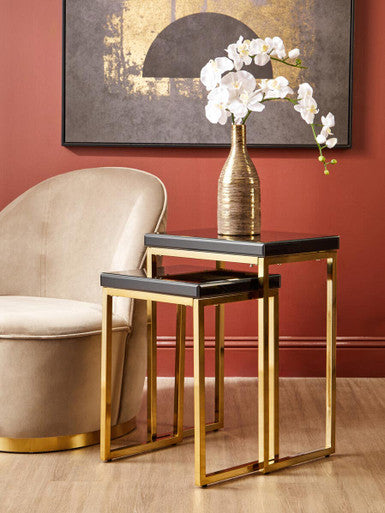 Set Of 2 Glossy Black Tops Wooden Nesting Tables With Gold Iron Base, Kensington Townhouse