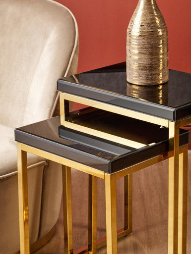 Set Of 2 Glossy Black Tops Wooden Nesting Tables With Gold Iron Base, Kensington Townhouse