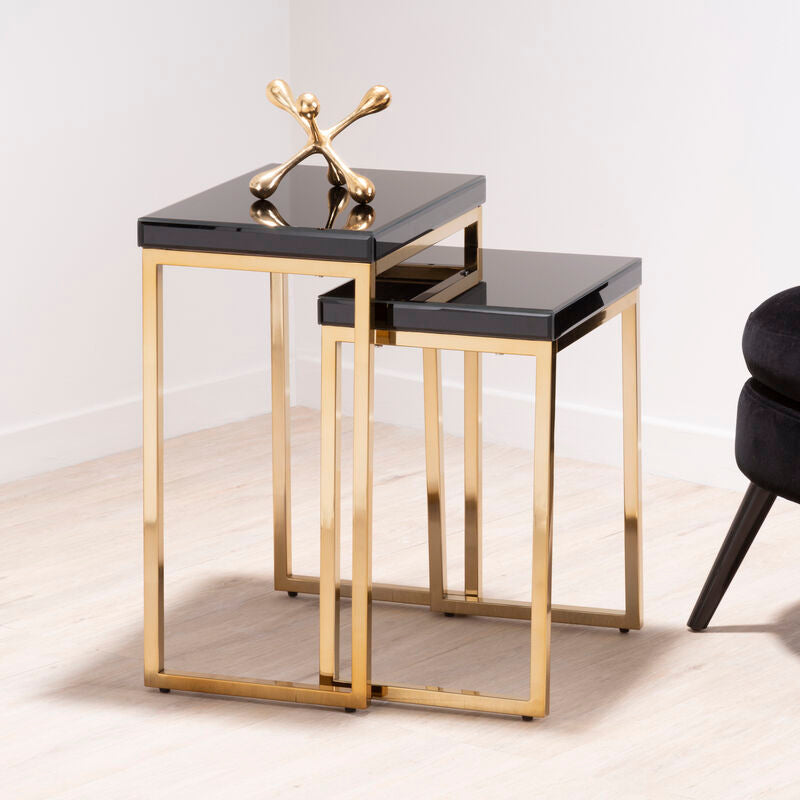 Set Of 2 Glossy Black Tops Wooden Nesting Tables With Gold Iron Base, Kensington Townhouse