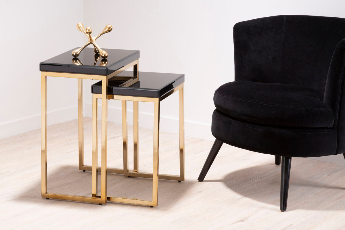Set Of 2 Glossy Black Tops Wooden Nesting Tables With Gold Iron Base, Kensington Townhouse