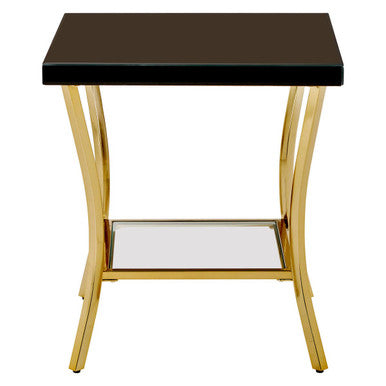Black Mirror Glass Top & Wooden Side Table With Reflective Gold Curved Iron Legs, Kensington Townhouse