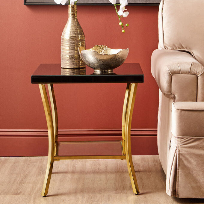 Black Mirror Glass Top & Wooden Side Table With Reflective Gold Curved Iron Legs, Kensington Townhouse