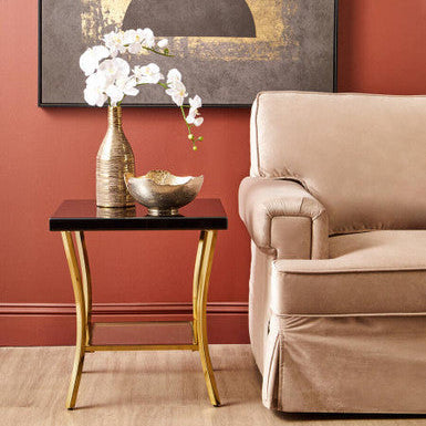 Black Mirror Glass Top & Wooden Side Table With Reflective Gold Curved Iron Legs, Kensington Townhouse