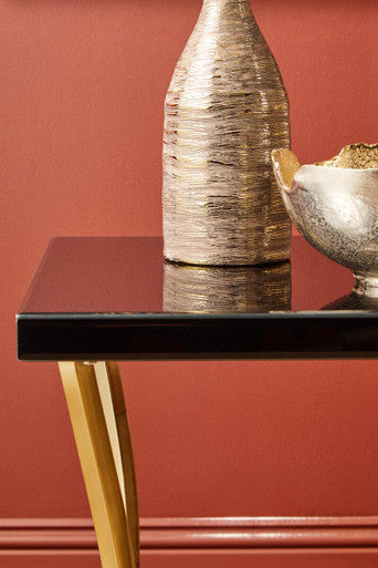 Black Mirror Glass Top & Wooden Side Table With Reflective Gold Curved Iron Legs, Kensington Townhouse