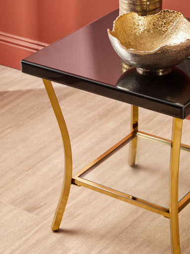Black Mirror Glass Top & Wooden Side Table With Reflective Gold Curved Iron Legs, Kensington Townhouse