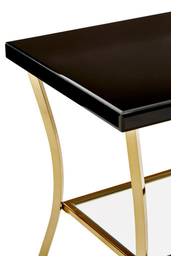 Black Mirror Glass Top & Wooden Side Table With Reflective Gold Curved Iron Legs, Kensington Townhouse