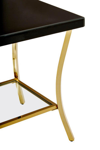 Black Mirror Glass Top & Wooden Side Table With Reflective Gold Curved Iron Legs, Kensington Townhouse