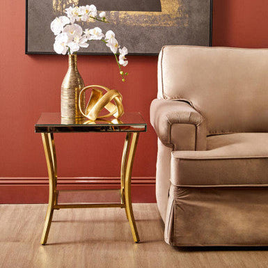 Glossy Black Top Mirror Side Table With Reflective Gold Curved Iron Legs, Kensington Townhouse
