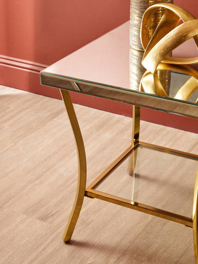 Glossy Black Top Mirror Side Table With Reflective Gold Curved Iron Legs, Kensington Townhouse