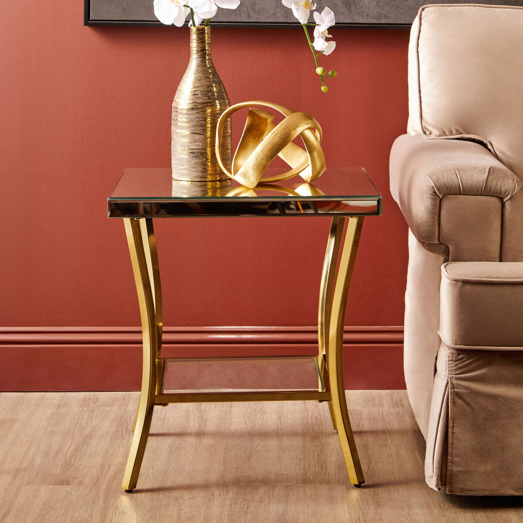 Glossy Black Top Mirror Side Table With Reflective Gold Curved Iron Legs, Kensington Townhouse
