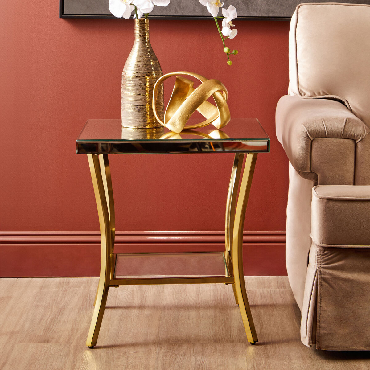 Glossy Black Top Mirror Side Table With Reflective Gold Curved Iron Legs, Kensington Townhouse