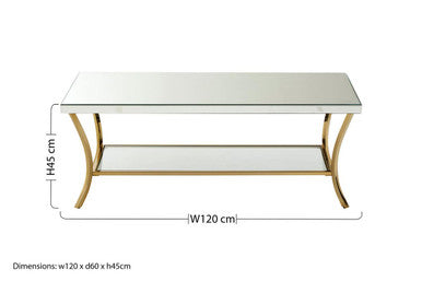 Silver Mirrored Top Coffee Table With Gold Metal Curved Legs, Kensington Townhouse