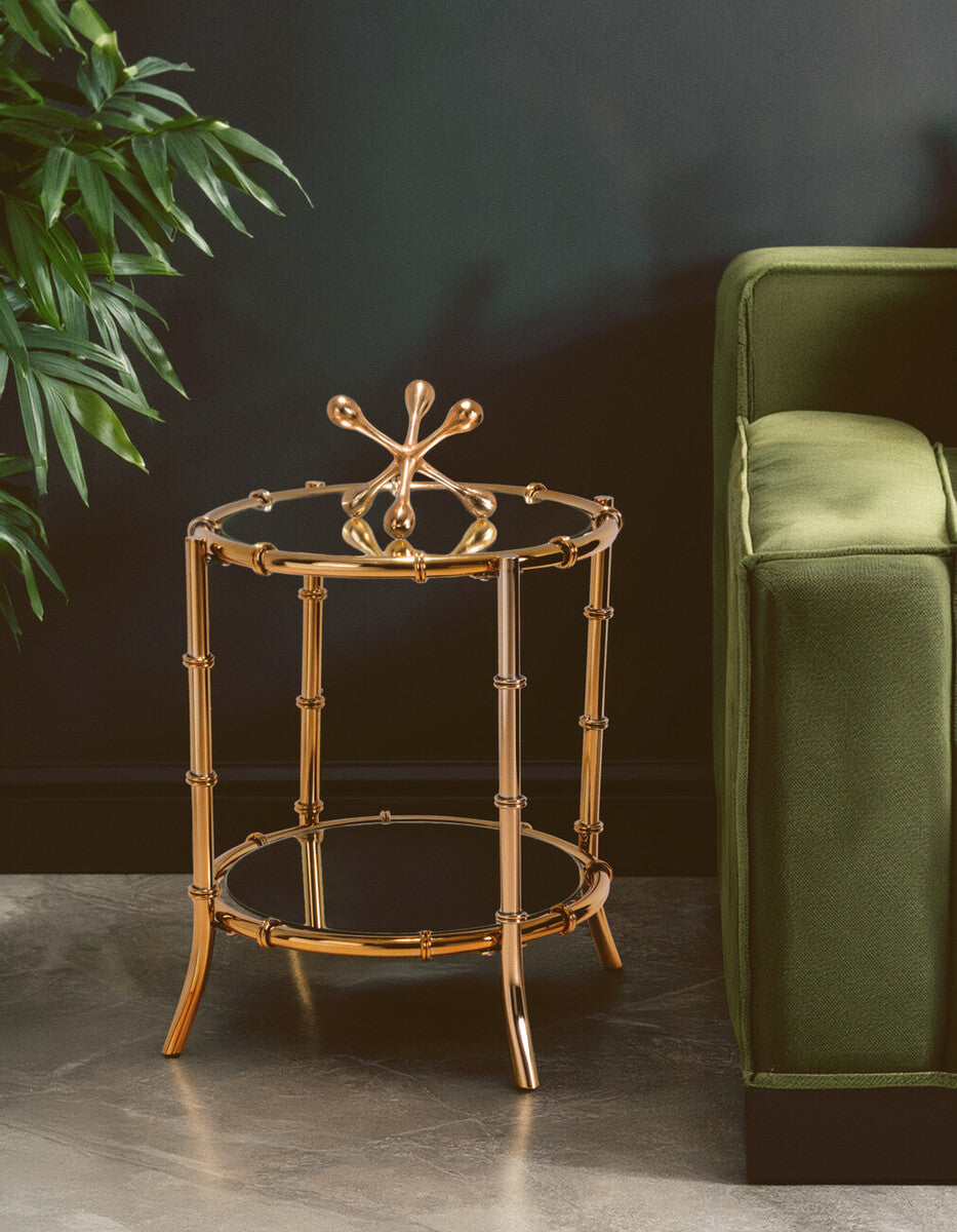 Clear Mirrored Top Side Table With Ring Clasp Detail & Gold Iron Base, Kensington Townhouse