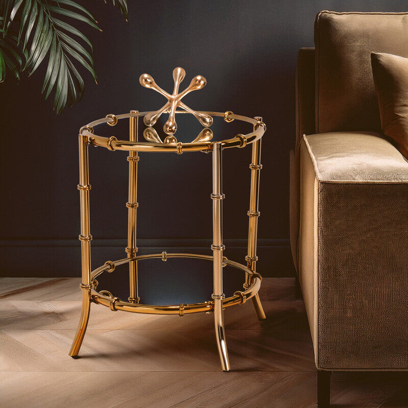 Clear Mirrored Top Side Table With Ring Clasp Detail & Gold Iron Base, Kensington Townhouse