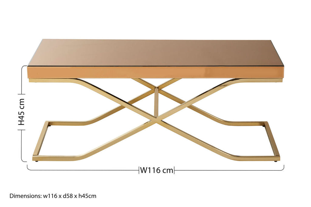 Light Brown Glass Top Coffee Table With Gold Iron Frame, Kensington Townhouse
