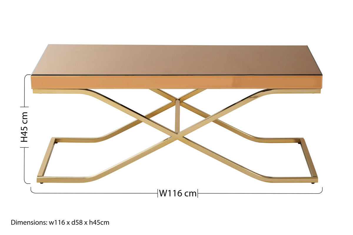 Light Brown Glass Top Coffee Table With Gold Iron Frame, Kensington Townhouse