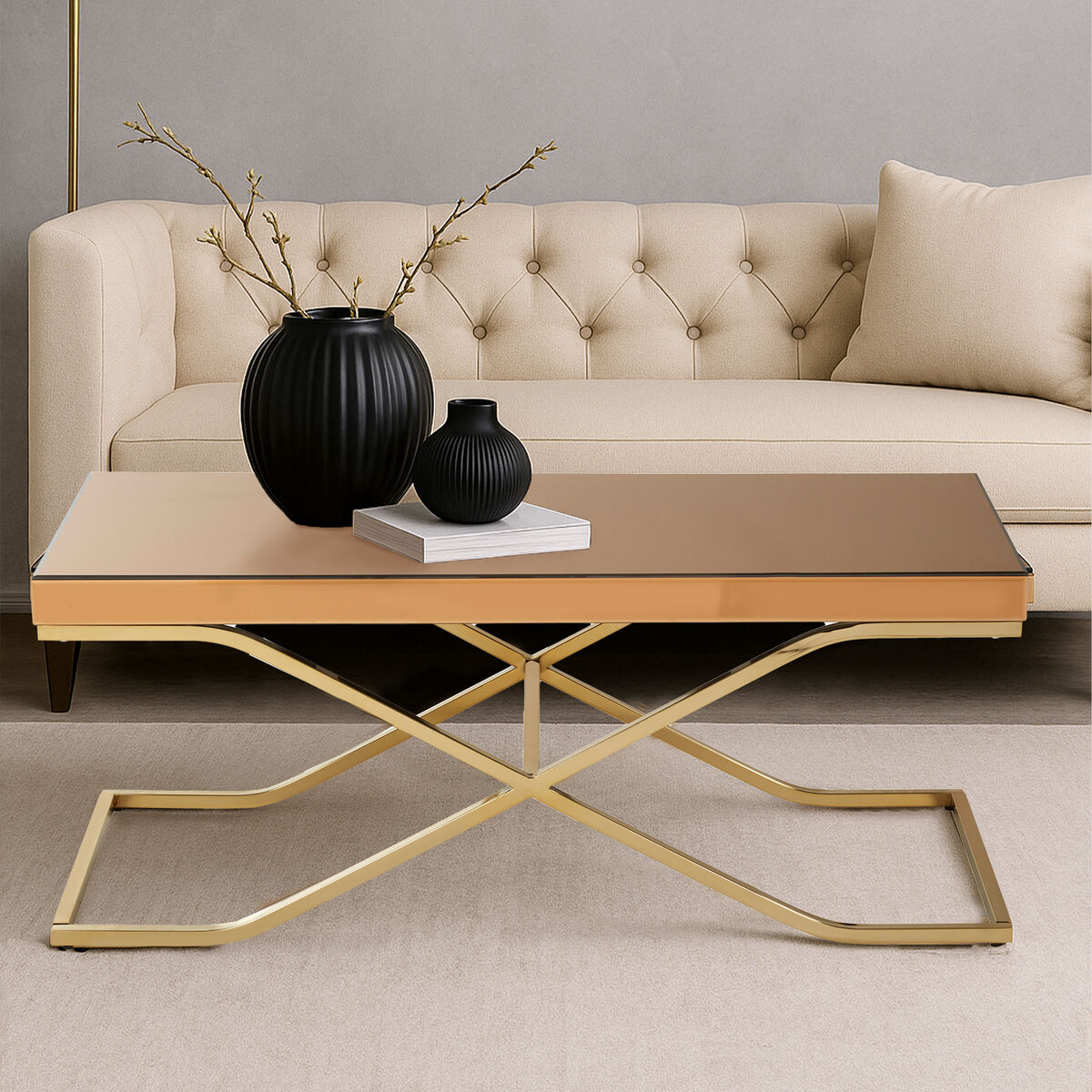 Light Brown Glass Top Coffee Table With Gold Iron Frame, Kensington Townhouse