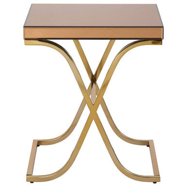 Brown Square Glass Top Side Table With Gold Metal X-Shaped Base, Kensington Townhouse