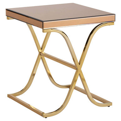 Brown Square Glass Top Side Table With Gold Metal X-Shaped Base, Kensington Townhouse