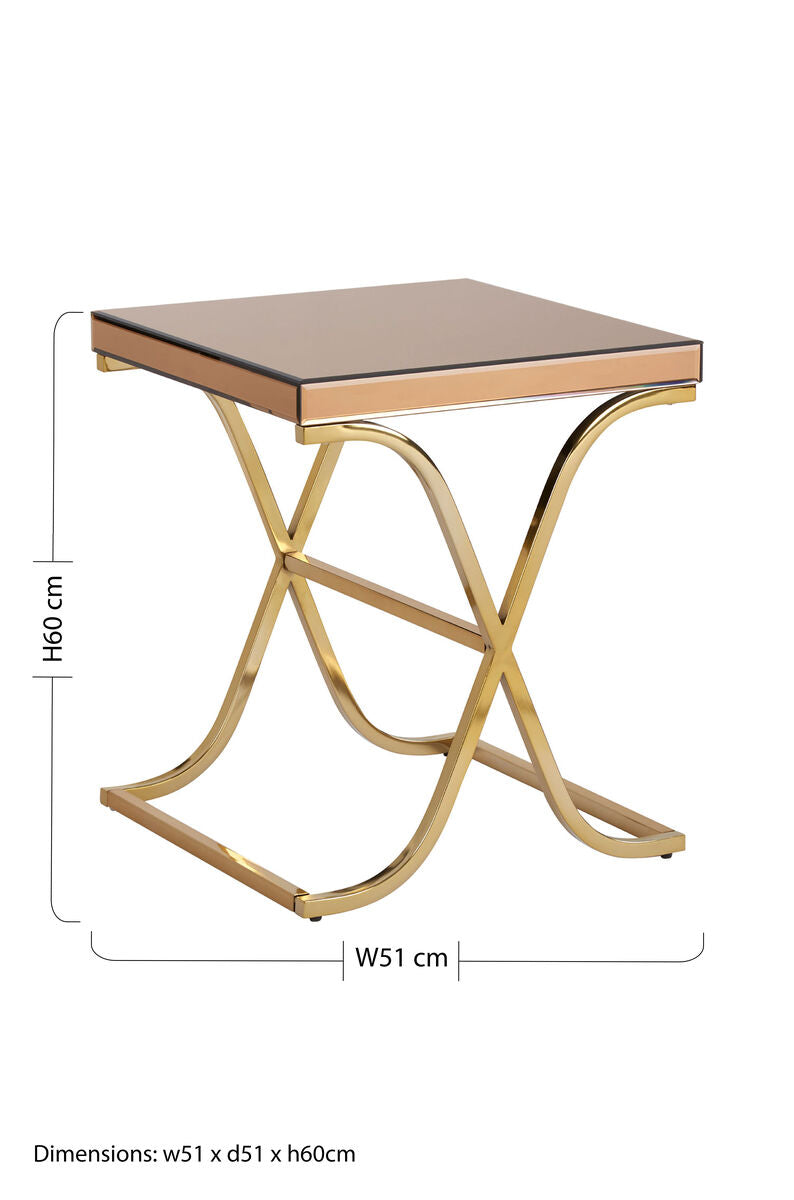 Brown Square Glass Top Side Table With Gold Metal X-Shaped Base, Kensington Townhouse