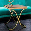 Brown Square Glass Top Side Table With Gold Metal X-Shaped Base, Kensington Townhouse