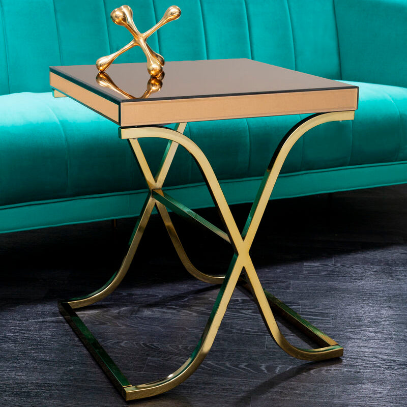 Brown Square Glass Top Side Table With Gold Metal X-Shaped Base, Kensington Townhouse