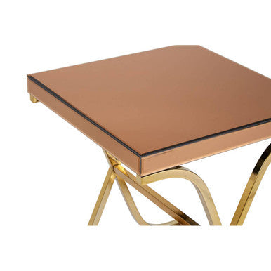Brown Square Glass Top Side Table With Gold Metal X-Shaped Base, Kensington Townhouse