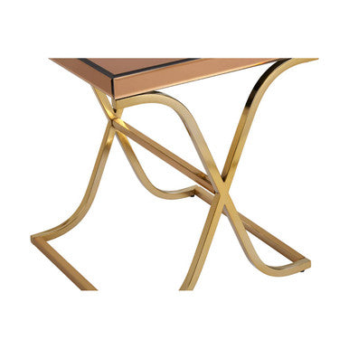 Brown Square Glass Top Side Table With Gold Metal X-Shaped Base, Kensington Townhouse