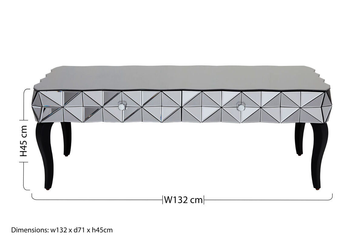 Silver Geometric Coffee Table With Smoked Glass Top & Black Wood Legs, Soho