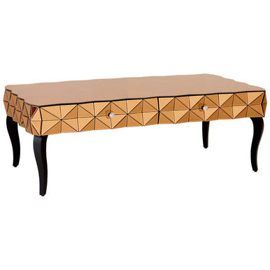 Gold Copper Geometric Coffee Table With Smoked Glass Top & Black Wood Legs, Soho