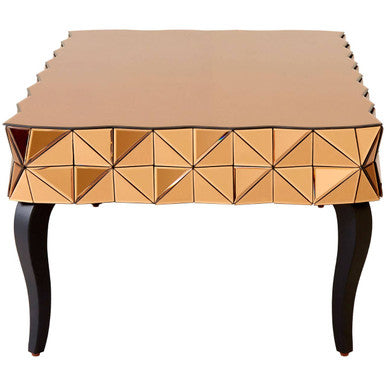 Gold Copper Geometric Coffee Table With Smoked Glass Top & Black Wood Legs, Soho