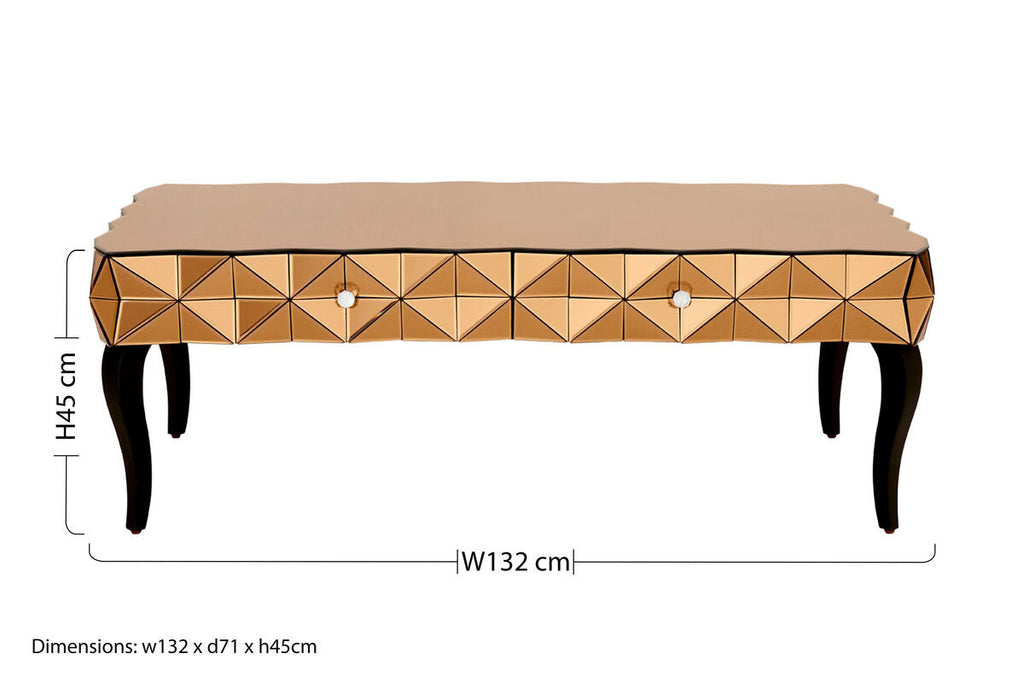 Gold Copper Geometric Coffee Table With Smoked Glass Top & Black Wood Legs, Soho
