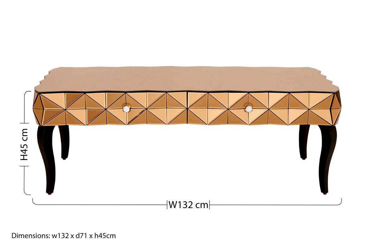 Gold Copper Geometric Coffee Table With Smoked Glass Top & Black Wood Legs, Soho