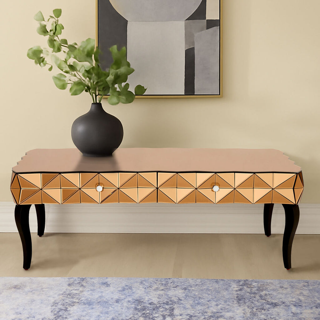 Gold Copper Geometric Coffee Table With Smoked Glass Top & Black Wood Legs, Soho