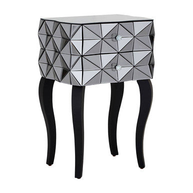 Silver Smoked 3D Geometric Glass Front 2-Drawer Bedside Table With Cut Glass Handles & Cabriole Legs, Soho