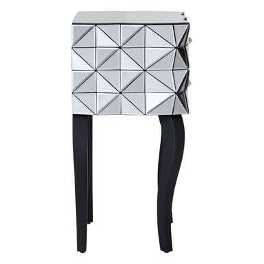 Silver Smoked 3D Geometric Glass Front 2-Drawer Bedside Table With Cut Glass Handles & Cabriole Legs, Soho