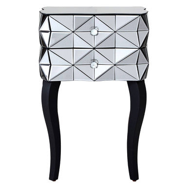 Silver Smoked 3D Geometric Glass Front 2-Drawer Bedside Table With Cut Glass Handles & Cabriole Legs, Soho