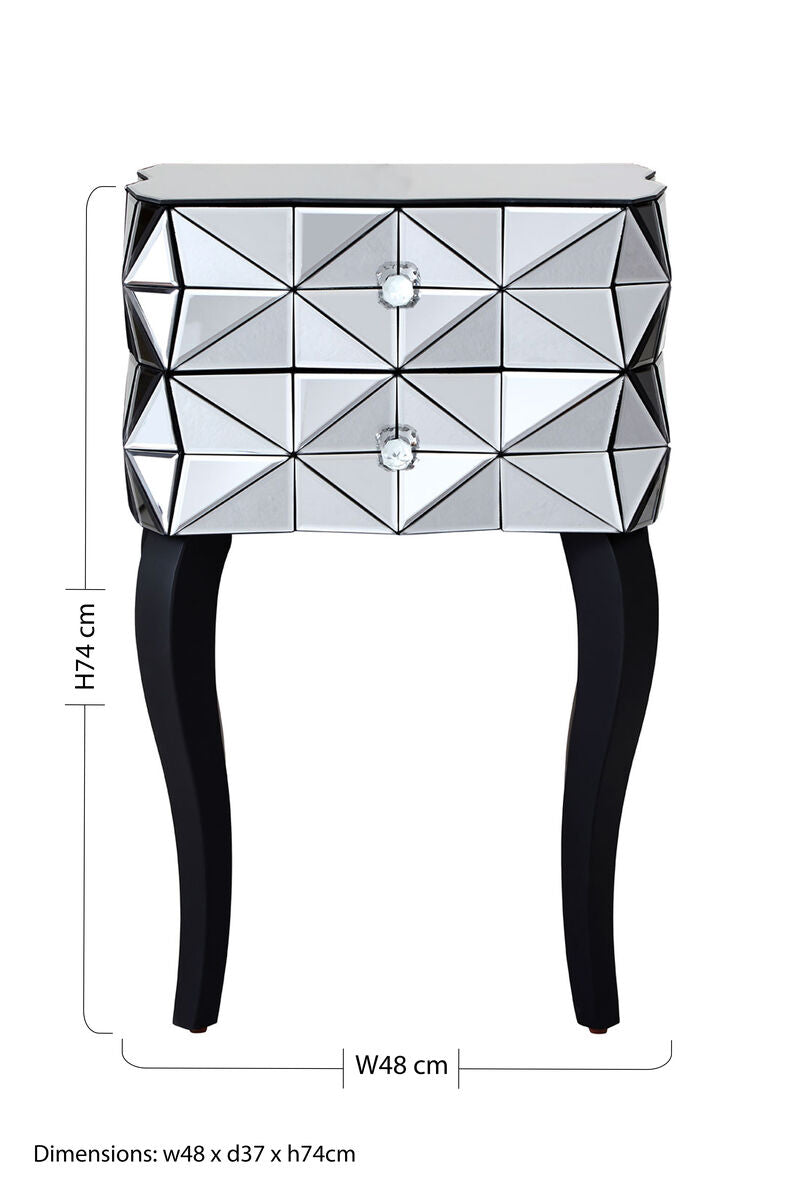 Silver Smoked 3D Geometric Glass Front 2-Drawer Bedside Table With Cut Glass Handles & Cabriole Legs, Soho