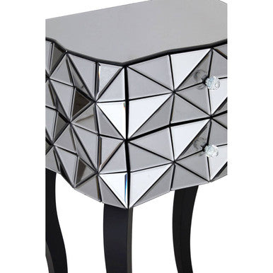 Silver Smoked 3D Geometric Glass Front 2-Drawer Bedside Table With Cut Glass Handles & Cabriole Legs, Soho